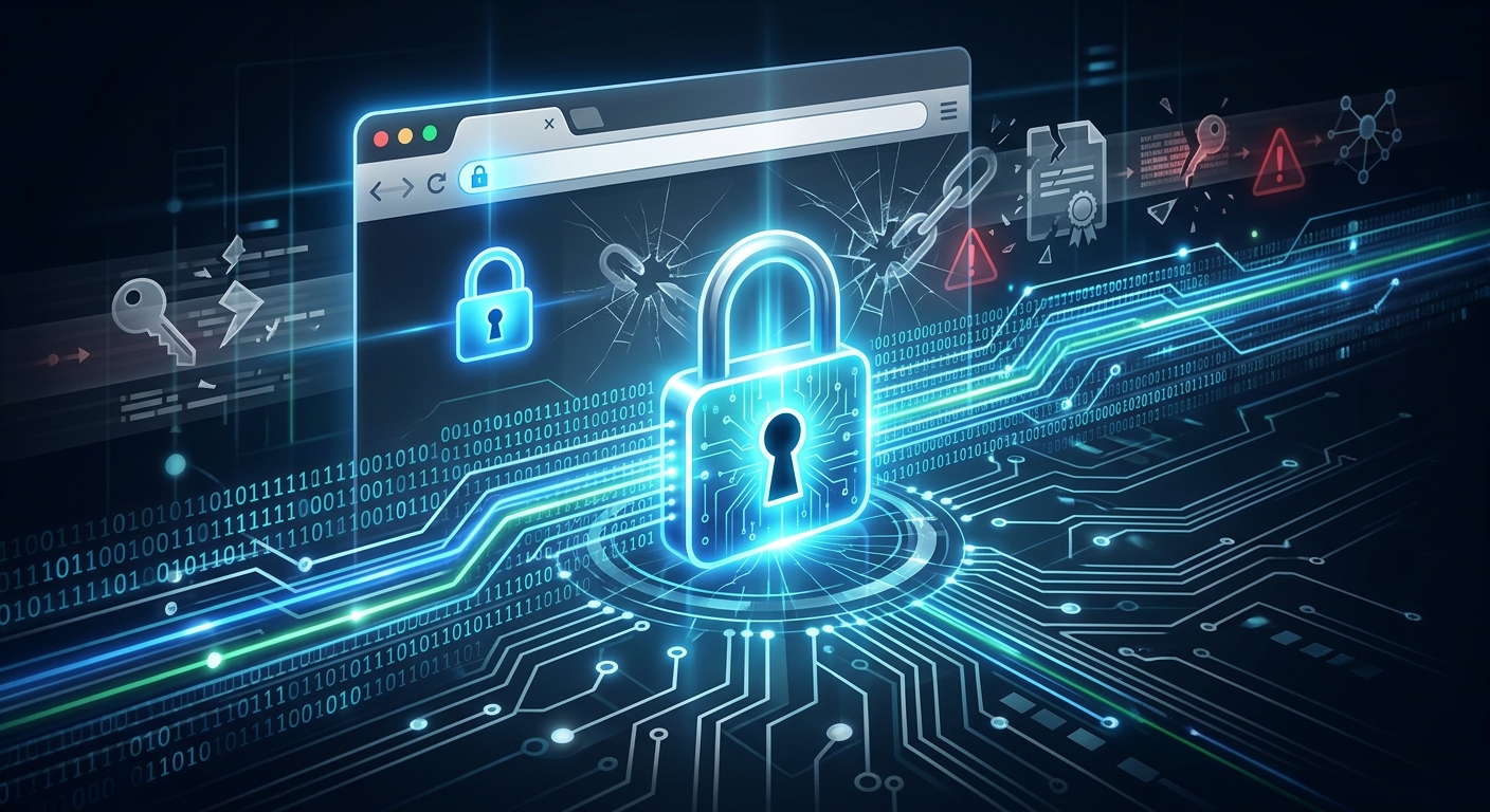 A sleek, dark-themed digital security illustration showing a glowing padlock icon at the center of a network of interconnected binary code streams and data pathways, symbolizing encrypted internet communication. Behind the padlock, faint cracked or fractured glass effects represent historical vulnerabilities and breaches, subtly layered with ghostly outlines of broken chain links and warning symbols. Streams of blue and green light flow securely through circuit-like pathways toward a stylized browser window icon displaying a lock symbol in the address bar, representing HTTPS protection. In the background, a timeline of faint, abstract digital artifacts—shattered certificate icons, exposed keys, and fading red alert symbols—suggests past security incidents being overcome by stronger, modern encryption. The overall atmosphere is high-tech and editorial, rendered in a cool blue and silver color palette with dramatic lighting, conveying themes of cybersecurity evolution, resilience, and digital trust. No text, logos, or captions should appear in the image.